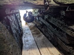 Becky on the trolly into the tomb