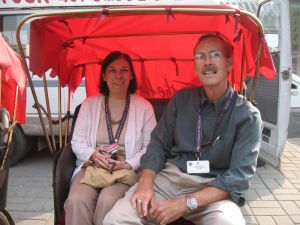 Robin and Hugh tour the hutong in a pedicab
