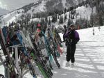Becky at the ski racks at the Casper Restaurant