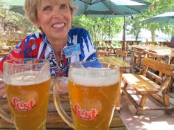 Enjoying some refreshment after a hot ride